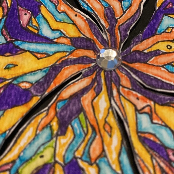 Unframed Original Art Watercolour & Ink Flower w Crystal Centre on Black Paper - Picture 5 of 5